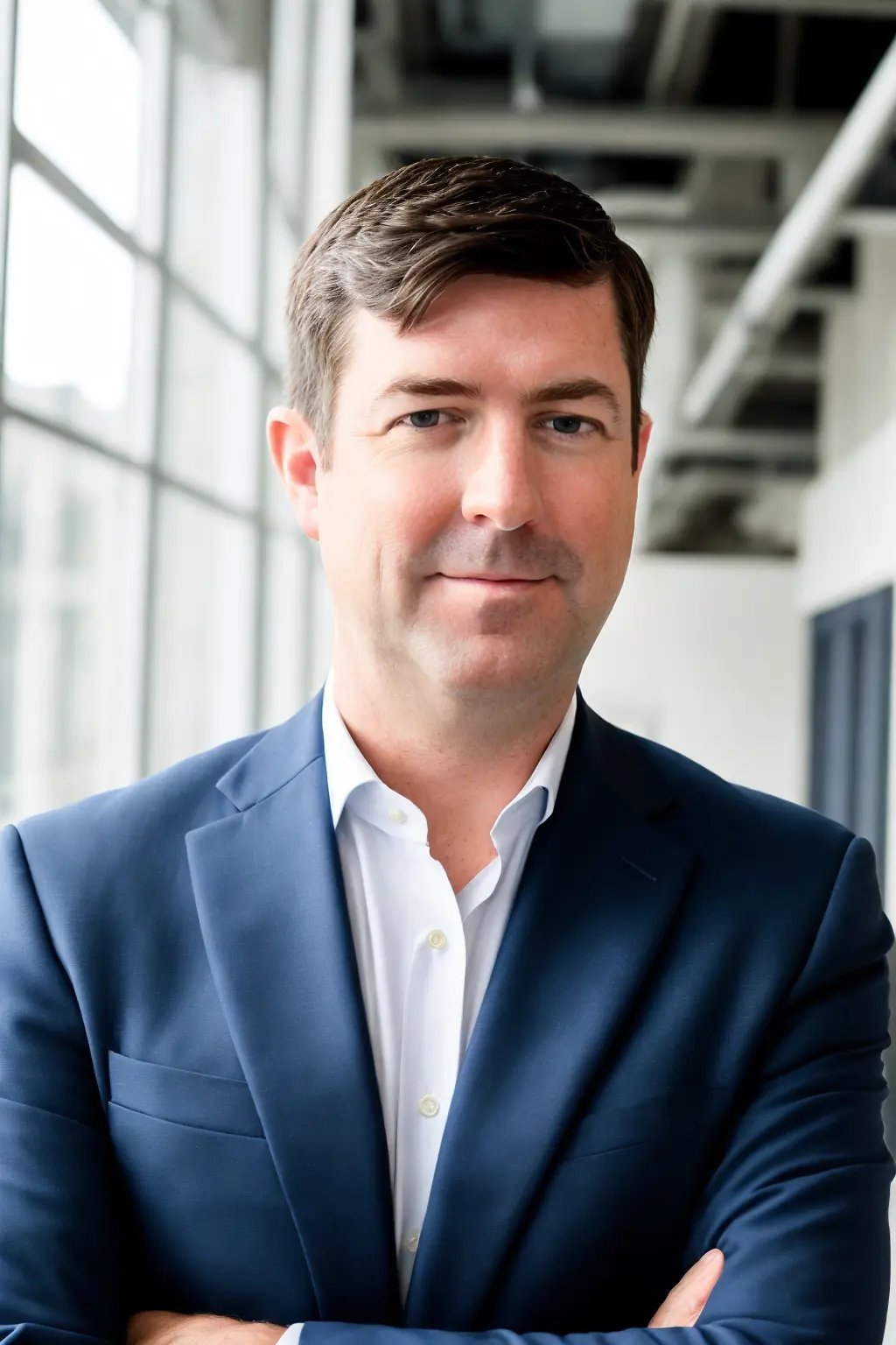 A man in a suit and tie standing next to a window.